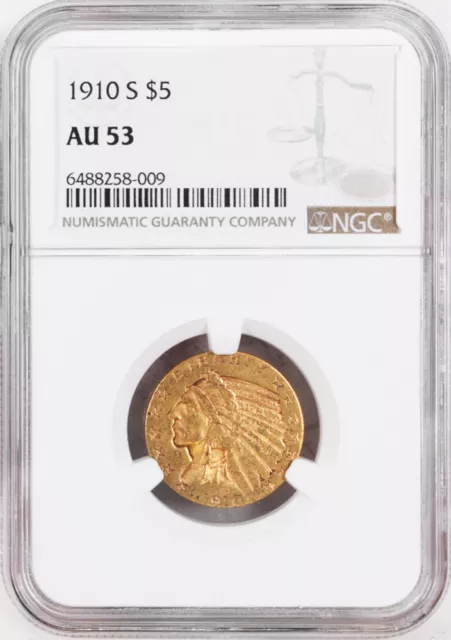 1910-S $5 Indian Head Gold Half Eagle NGC AU53