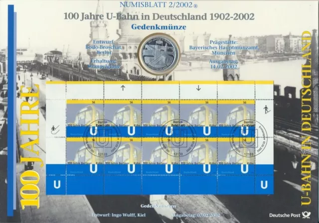 Germany: 2002 Silver €10 Euro 100 Years U-Bahn in Gemrnay Numisblatt 2/2002