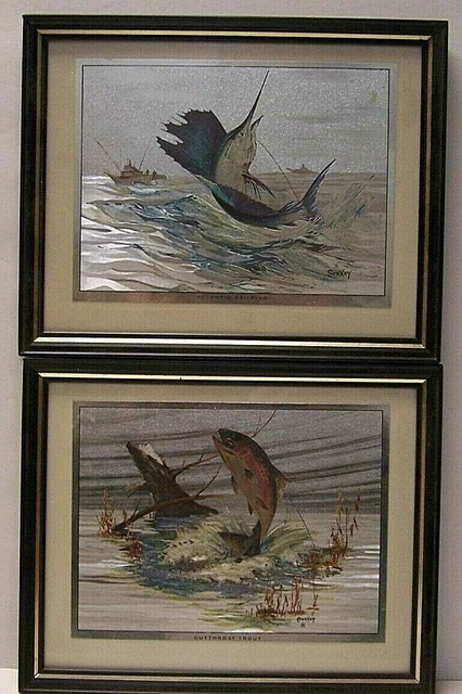 Signed Foil Prints Swexey Trout & Sailfish Framed under Glass 8"x10"