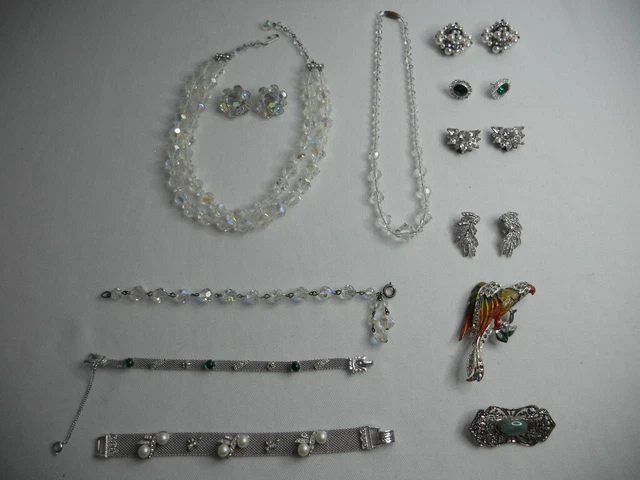 VINTAGE ART DECO CRYSTAL RHINESTONE JEWELRY LOT 12pcs MESH BRACELETS BOGOFF EARR
