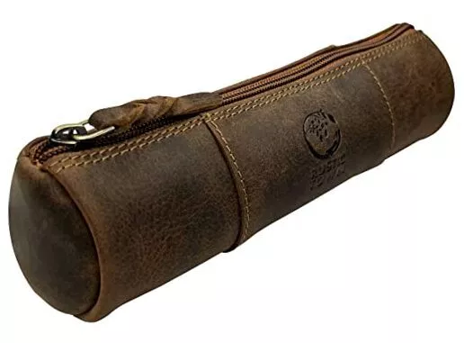 Leather Pencil Case - Handmade Zippered Pen Pouch for School, Work & Brown