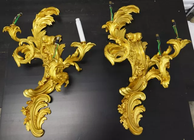 1881 Henry Dasson Louis XV French Ormolu Bronze Wall Appliques Sconces PAIR