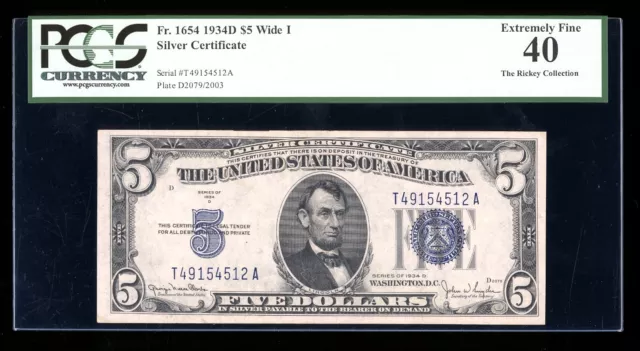 DBR 1934-D $5 Silver Fr. 1654Wi Wide I TA Block PCGS XF-40 Serial T49154512A