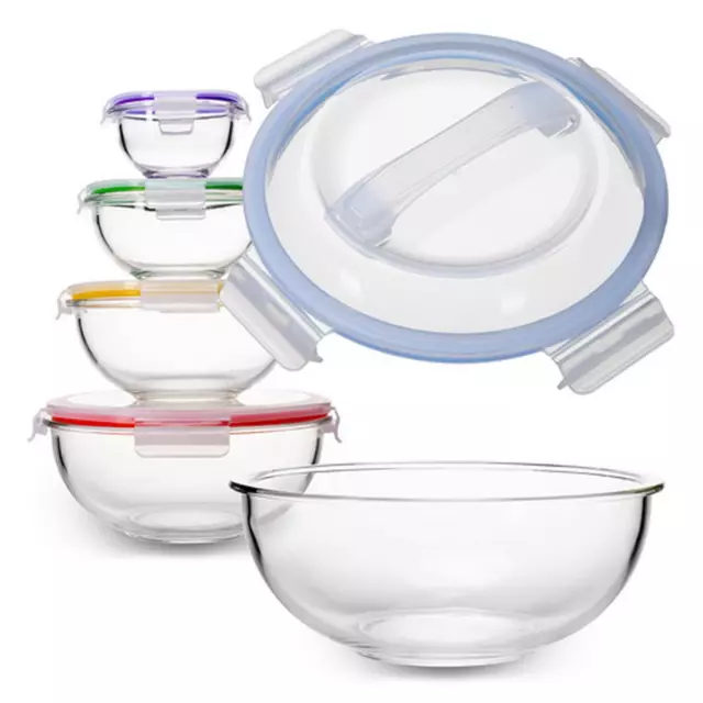 HOCHSTE Glass Mixing Bowls Nesting Bowls With Lids Food Storage Stackable 5 Pcs