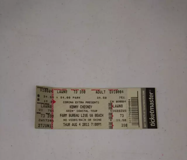 2011 Kenny Chesney Goin' Coastal Tour CONCERT TICKET STUB Farm Bureau Live VA