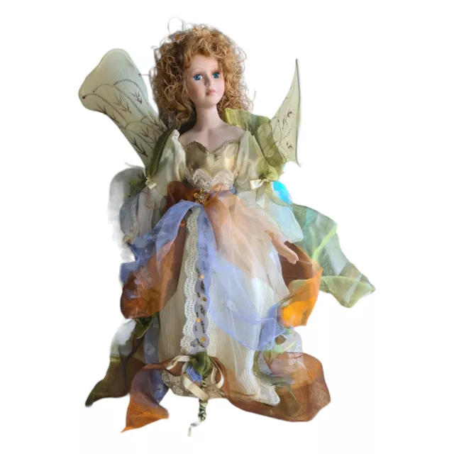 Stunning Green Fairy Porcelain Doll With Wings Long Curly Hair, Unmarked