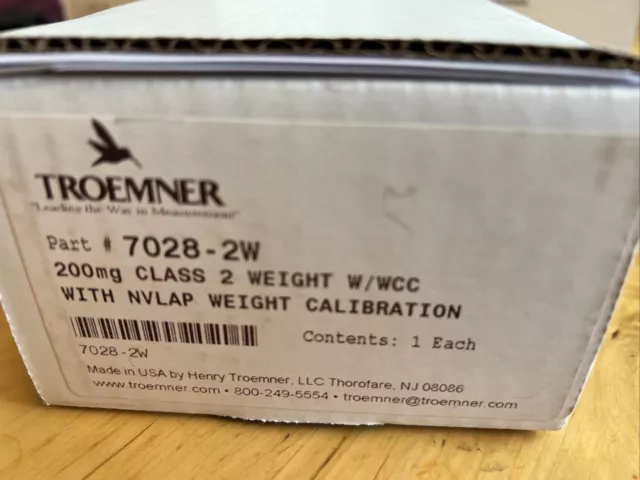 Troemner 7028-2W, 200mg Class 2 Weight w/WCC with NVLAP Weight Calibration