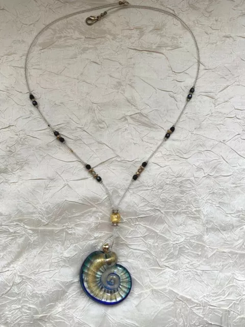 Interessant Vintage Murano Glas Halskette - Blau Und Gold Snail Anhänger - 2