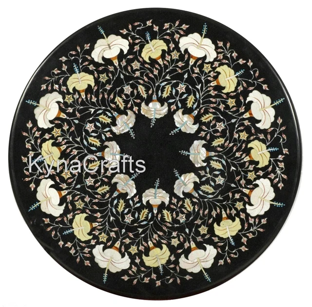 30 Inches Black Marble Coffee Table Top Pietra Dura Art Breakfast Table for Home