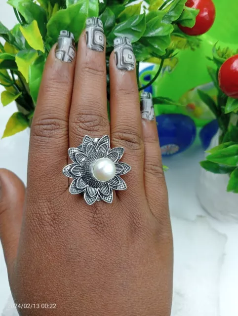 Bague à bijoux en pierre précieuse perle en argent sterling 925 taille 7