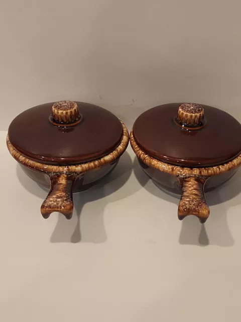 2 Hull Pottery Brown Drip Glazed Chili/Soup handled bowls Oven Proof USA W/Lids