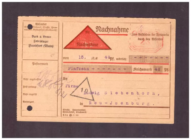 Deutsches Reich Nachnahme-Beleg  um 1930 gestempelt