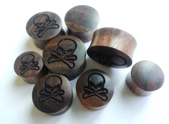 Pair Handmade Skull Head Bone Skeleton Sono Wood Saddle Ear Plugs Tunnels Gauges