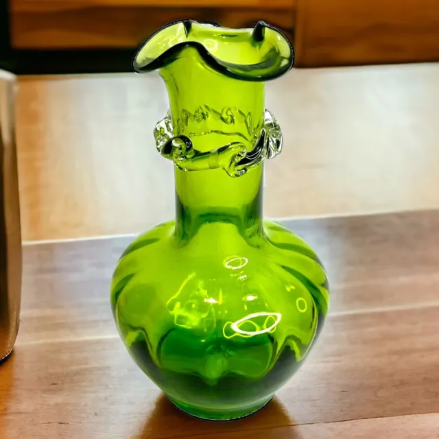 Vintage Pilgrim Green Art Glass 5" Vase Hand Blown Applied Ribbon Ruffled Rim