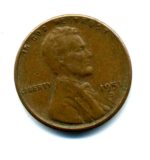 Lincoln Head Wheat Cent 1951 S COPPER Circulated United States 1 Penny Coin#7957