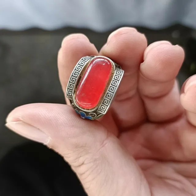 Exquisite Old Chinese tibet silver inlay red jade handmade Ring 9026