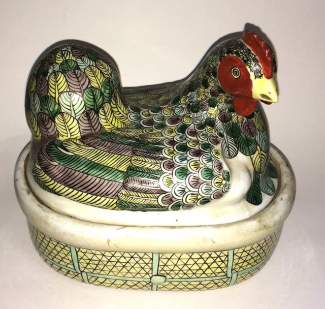 VTG Chicken Clay Porcelain Cooking Pot Vessel Portugal? Art Pottery Rooster