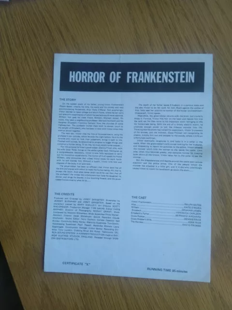 HAMMER HORROR - HORROR OF FRANKENSTEIN - ORIGINAL Synopsis Sheet