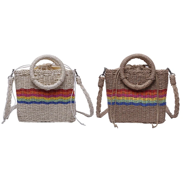 Straw Shoulder Crossbody Bag Summer Beach Woven Rainbow Rattan Totes Handbags FS