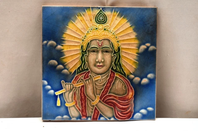 Ancien Carreau Art Nouveau Majolique Japon Lord Krishna Playing Le Flûte Porcel