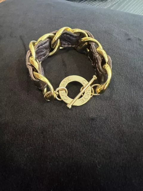 CC Skye Gold Brown Chain Link Leather Bracelet