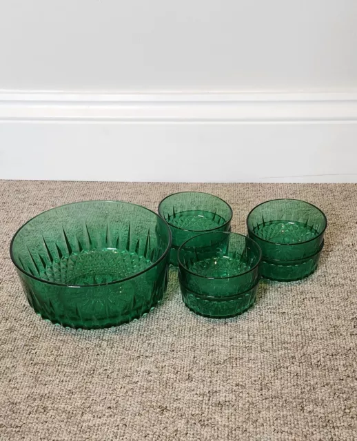 Vintage French Art Deco green Arcoroc trifle bowl with 6 matching serving bowls