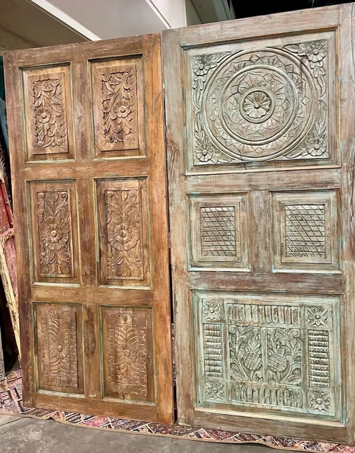 Vintage Carved Barn Door, Reclaimed Wood India Artistic Blue Sliding Door, 80x36 3