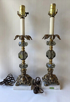 2 Vintage 19.5” Table Lamp with Genuine Marble, Brass Design and Crystal Details