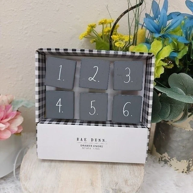 Rae Dunn 1 2 3 4 5 6 Drawer Knobs Gunmetal Grey Wood Dresser Pulls Lot 6pc