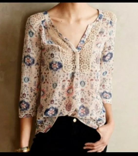 Maeve Anthropologie Viola Beige Floral Crochet Semi Sheer Top Blouse Size 4 (e