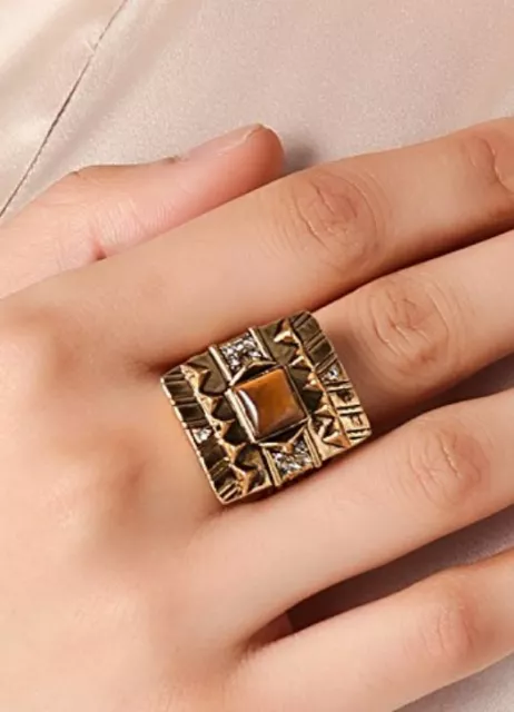 House Of Harlow 1960 Tiger's Eye Crystal Cocktail Ring 14K Gold Plate 7.5 Bnwot