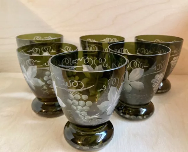 Set of 6 EGERMANN Czech Bohemian Glass-Olive Green Etched Grape Tumblers-Signed