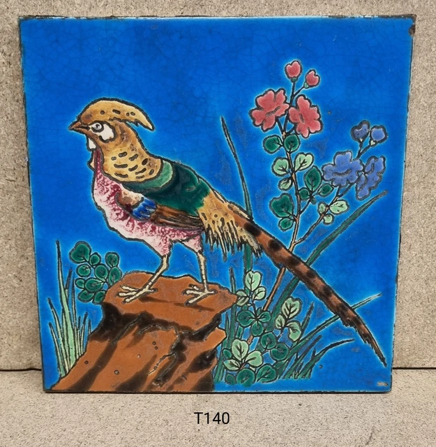 Antique 8 inch pheasant tile - Longwy, France c.1890