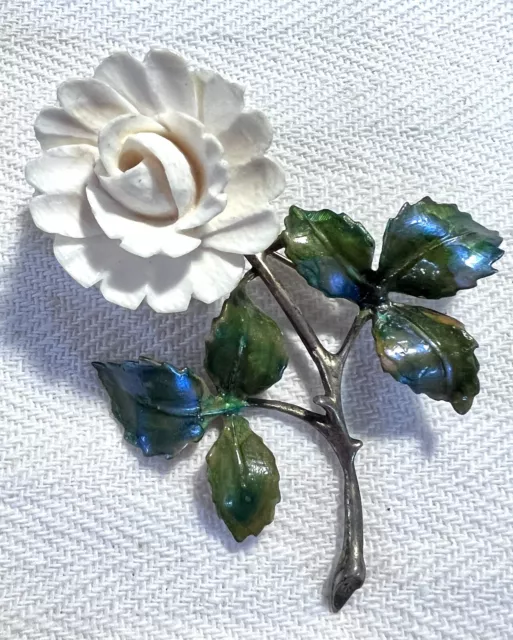 Vintage Carved White Rose Flower Sterling Silver Enamel Brooch Pin England D'or