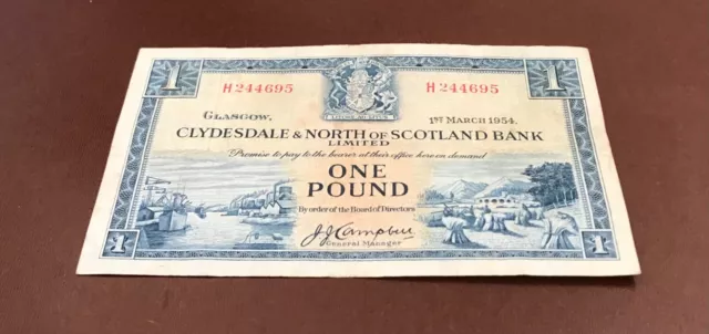 CLYDESDALE & NORTH OF SCOTLAND BANK LTD. One Pound Note..Glasgow, March 1, 1954