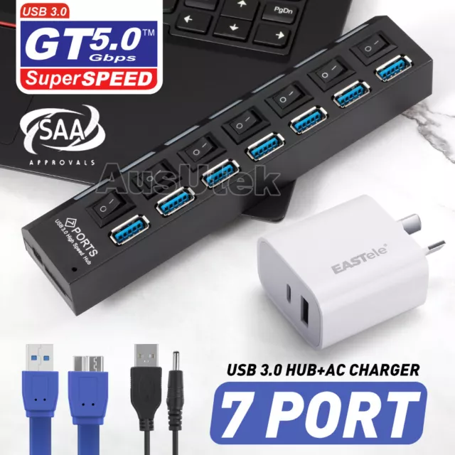 7 Port USB 3.0 HUB Powered +High Speed Splitter Extender PC Cable AU