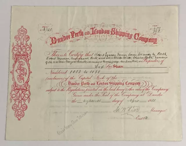 c1885 Dundee Perth & London Shipping Company Stock Certificate Scotland UK