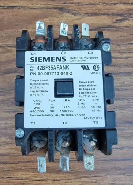 Siemens 42BF35AFANK 3-Pole Definite Purpose Contactor 30A 120V 00-087713-040-2