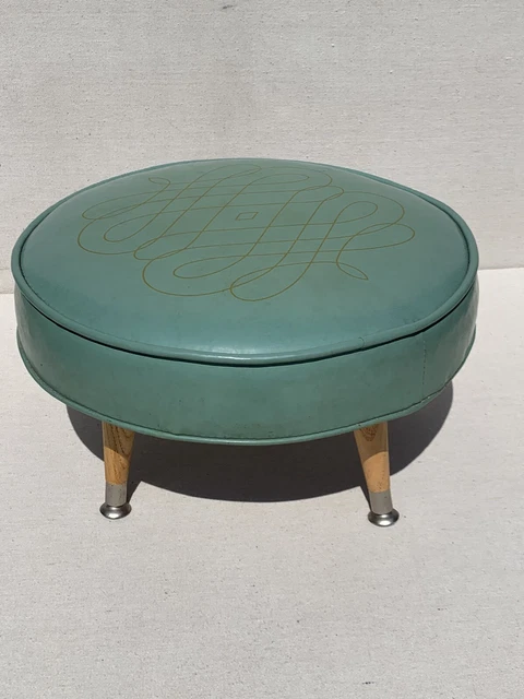 mid century upholstered round foot stool ottoman tapered wood legs
