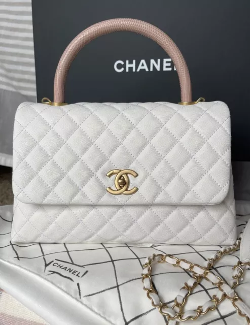 CHANEL BLACK CAVIAR Lizard Quilted Small Coco Handle Flap Bag