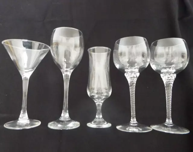 Bundle of 5 glasses bulb flute tall 2 twist stem clear wine martini champagne