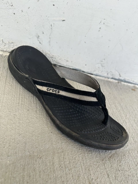 Crocs Women’s Black Flip Flop Sandals Size 8 Leather Straps Casual Thong Slip On