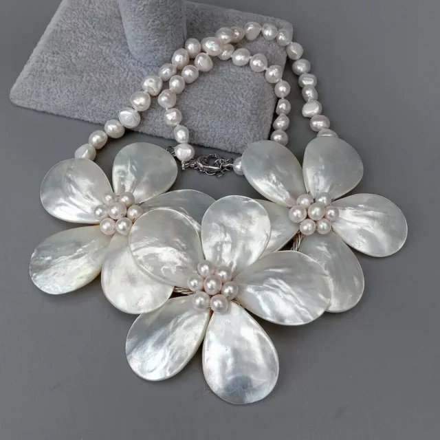 19" Cultured White Baroque Pearl White Shell Flower Handmade Statement Necklace