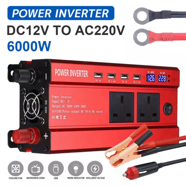 Car RV 3000W 6000W Pure Sine Wave Power Inverter DC 12V To AC 230V Converter 2AC