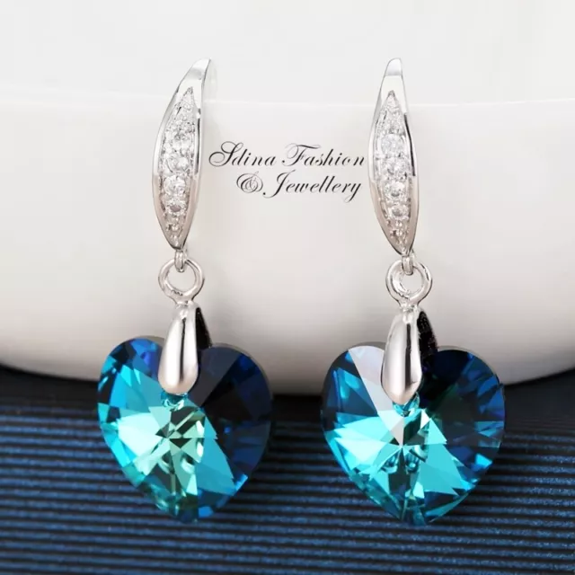18K White Gold Filled Made With Swarovski Crystal Teal Heart Dangle Earrings