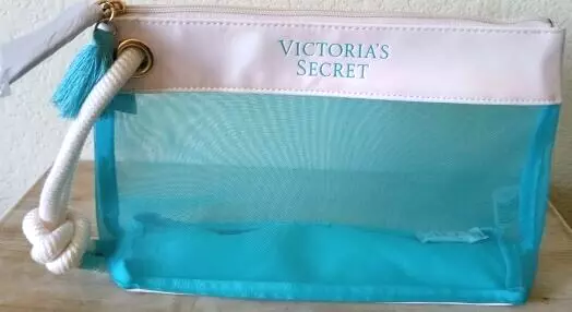Victorias Secret Cosmetic Makeup Bag Blue Mesh White Trim Travel Case 12"x7" NWT