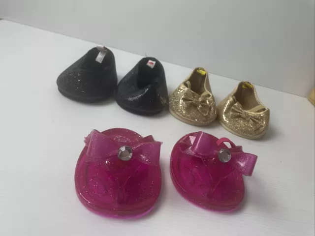 Build a Bear BAB shoes x 3 Pairs glitter Glittery Party shoes gold black