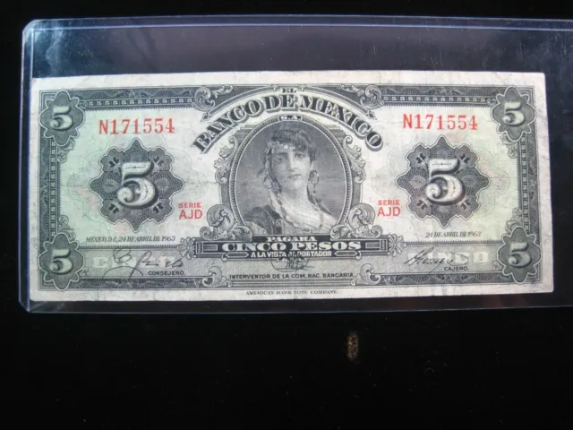 Mexico 5 Pesos 1963 Gypsy Girl Banco Circ 1554# World Currency Banknote Money