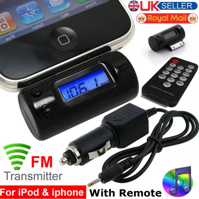 FM Radio Transmitter With Remote Car Charger For iPhone 3G 3GS 4 iPod Touch UK