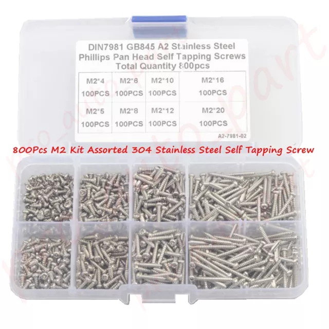 800Pcs 304 Stainless Steel M2 Kit Assorted Self Tapping Screw Phillips Pan Head